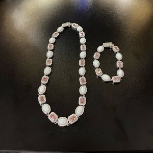 Elegant Opal and Pink Stone Necklace and Bracelet Set